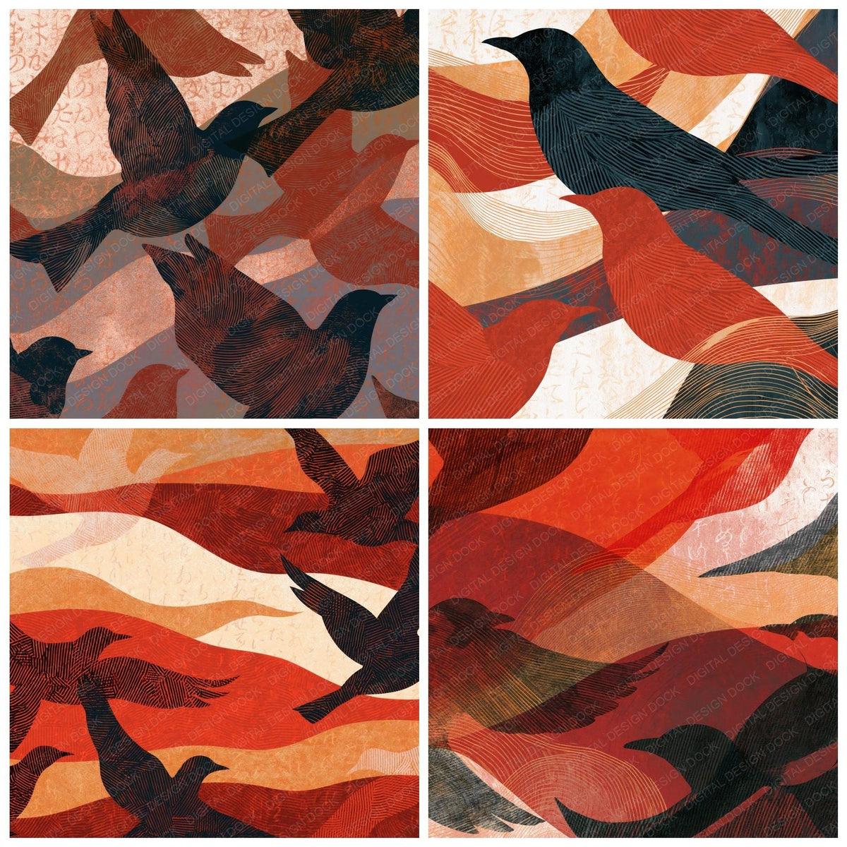 Cross Hatch Bird Outlines Crimson Coal Digital Paper Pack (DDD018569)