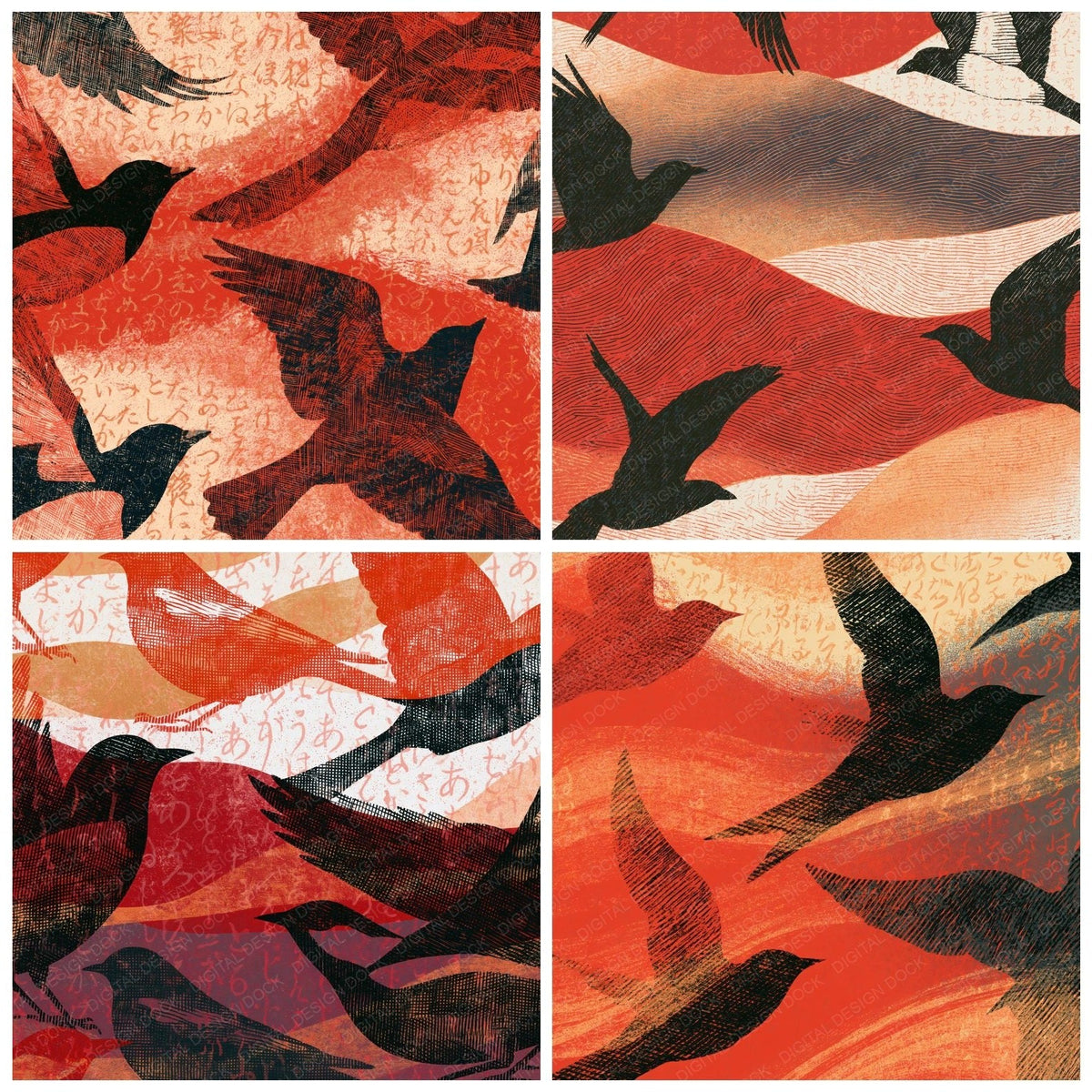 Cross Hatch Bird Outlines Crimson Coal Digital Paper Pack (DDD018569)