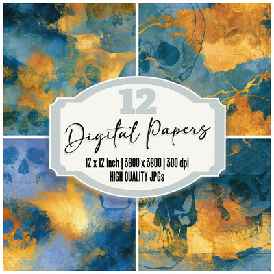 Egg Tempera Skull Outlines Slate Yellow digital paper pack cover showing four of the 12 papers