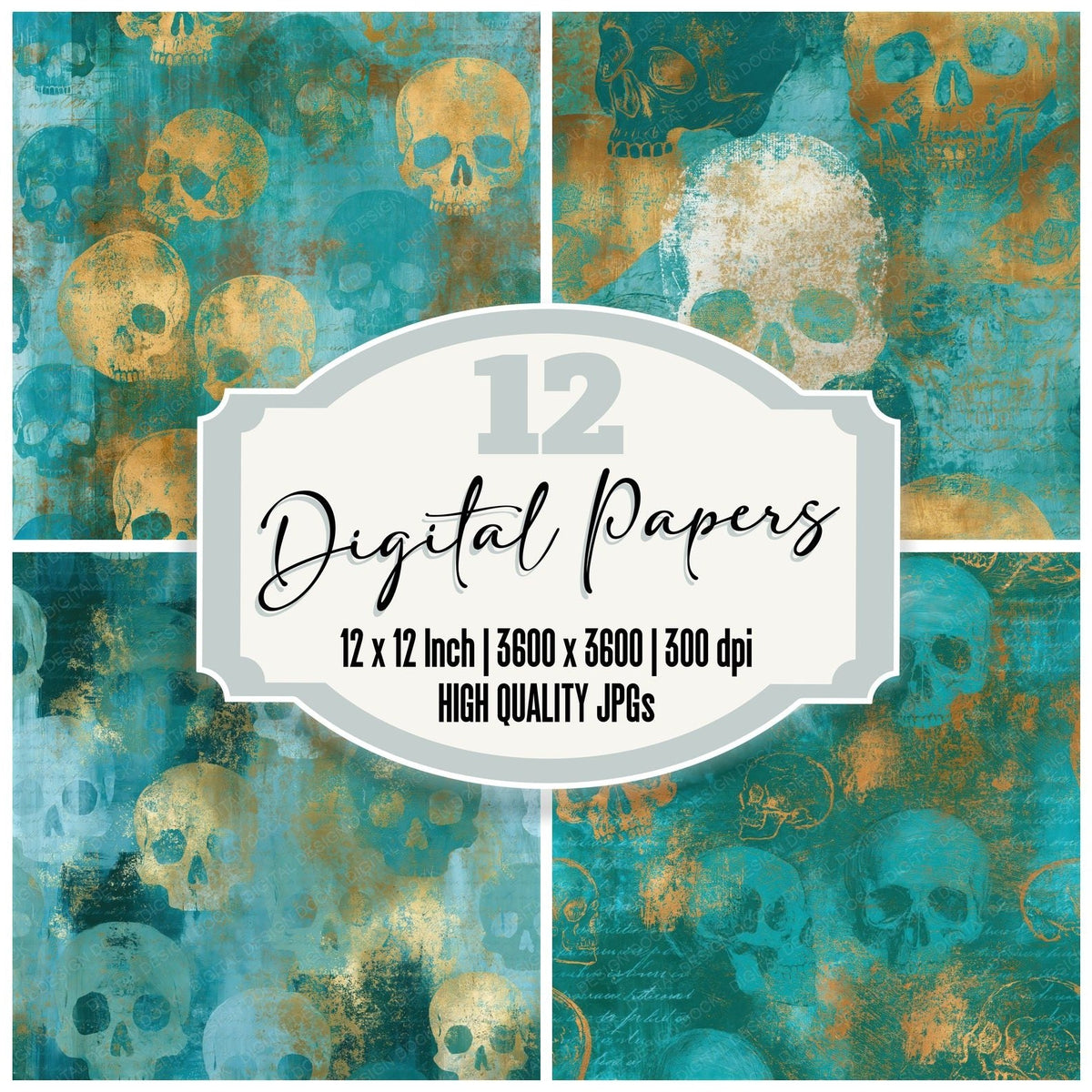 Gouache Skull Outlines Jade Aqua Seamless Digital Paper Pack (DDD018575)