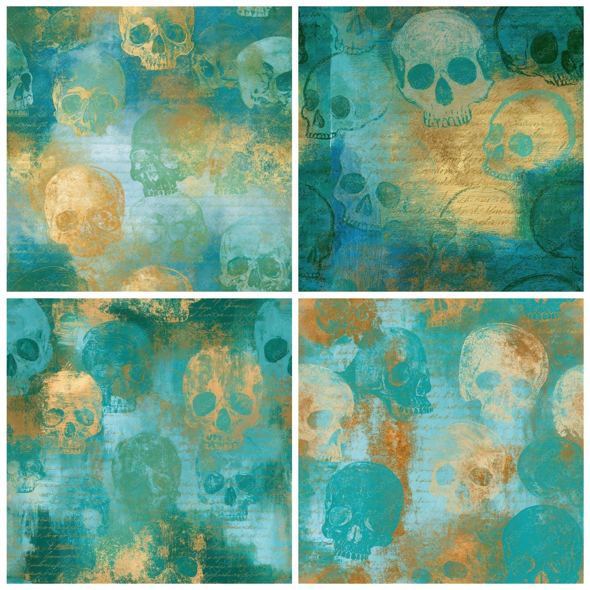 Gouache Skull Outlines Jade Aqua Seamless Digital Paper Pack (DDD018575)