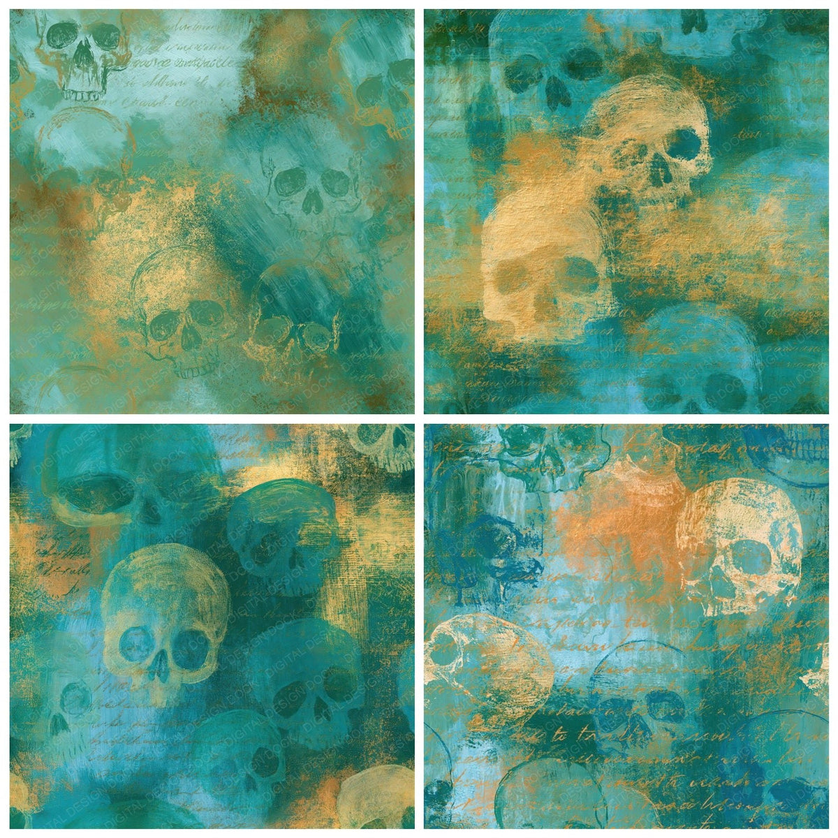 Gouache Skull Outlines Jade Aqua Seamless Digital Paper Pack (DDD018575)
