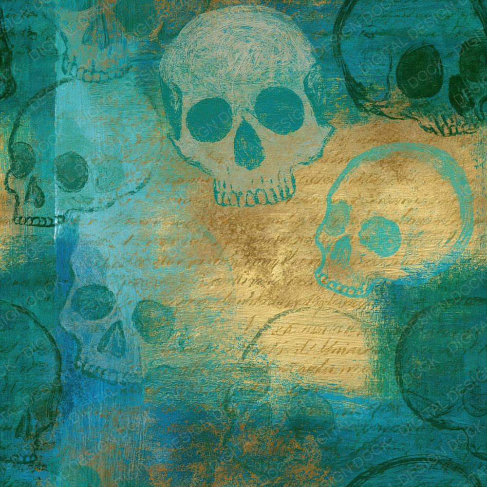 Gouache Skull Outlines Jade Aqua Seamless Digital Paper Pack (DDD018575)