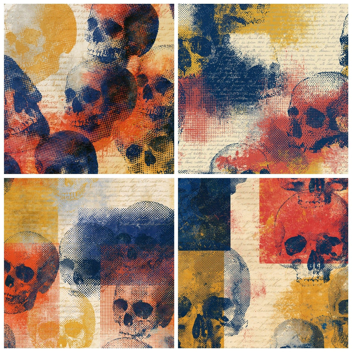 Halftone Skull Outlines Mustard Navy Tomato Digital Paper Pack (DDD018576)