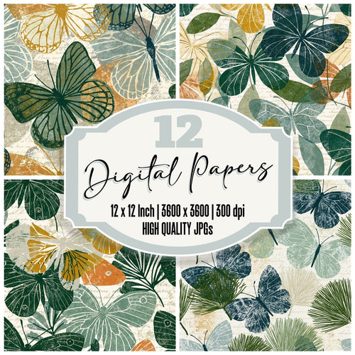 Linocut Butterfly Outlines Pine Cream Seamless digital paper pack cover showing four of the 12 papers