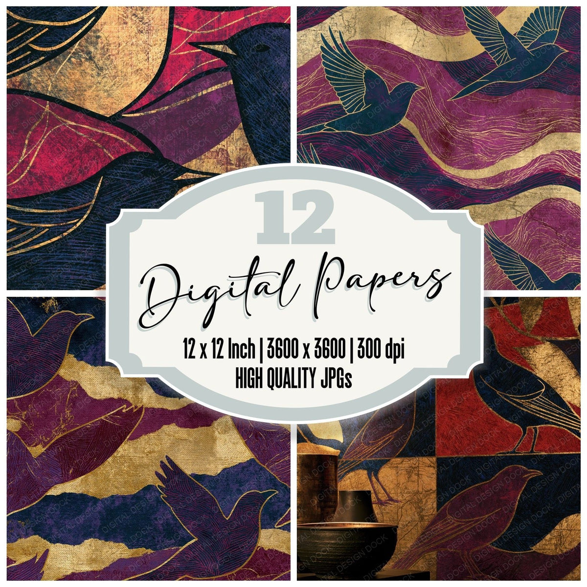 Scratchboard Bird Outlines Cherry Mulberry Digital Paper Pack (DDD018579)