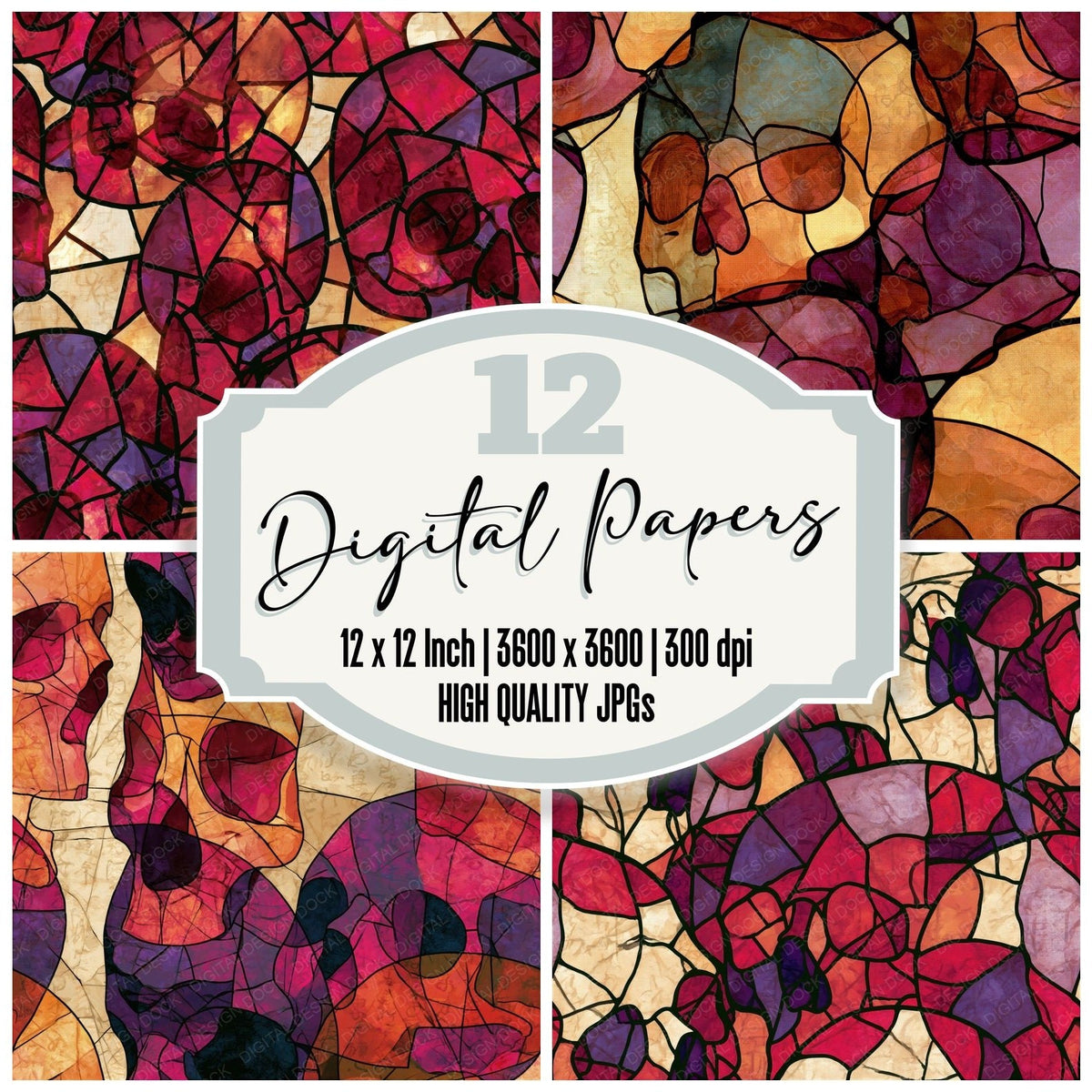 Stained Glass Skulls Cherry Mulberry Seamless Digital Paper Pack (DDD018580)