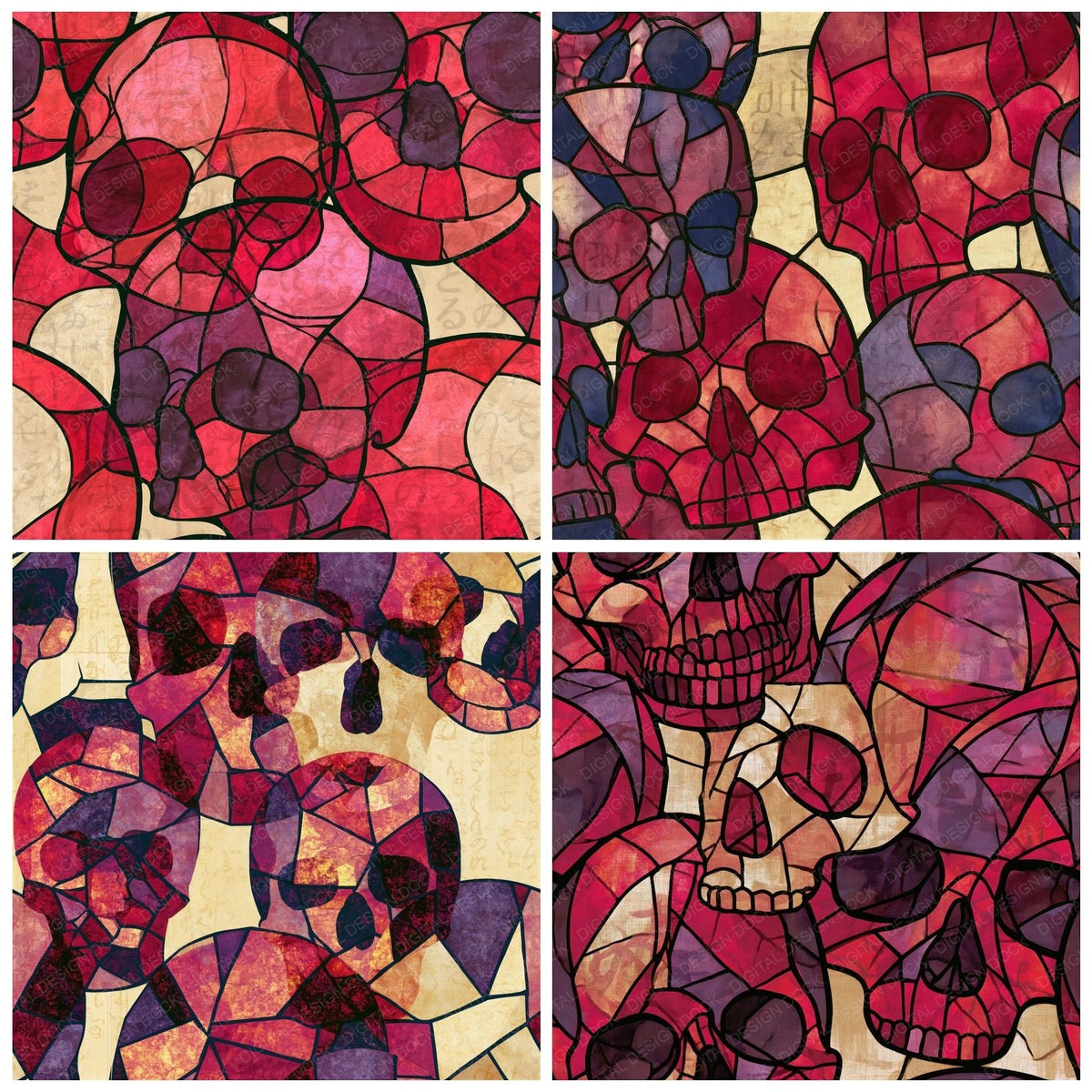 Stained Glass Skulls Cherry Mulberry Seamless Digital Paper Pack (DDD018580)