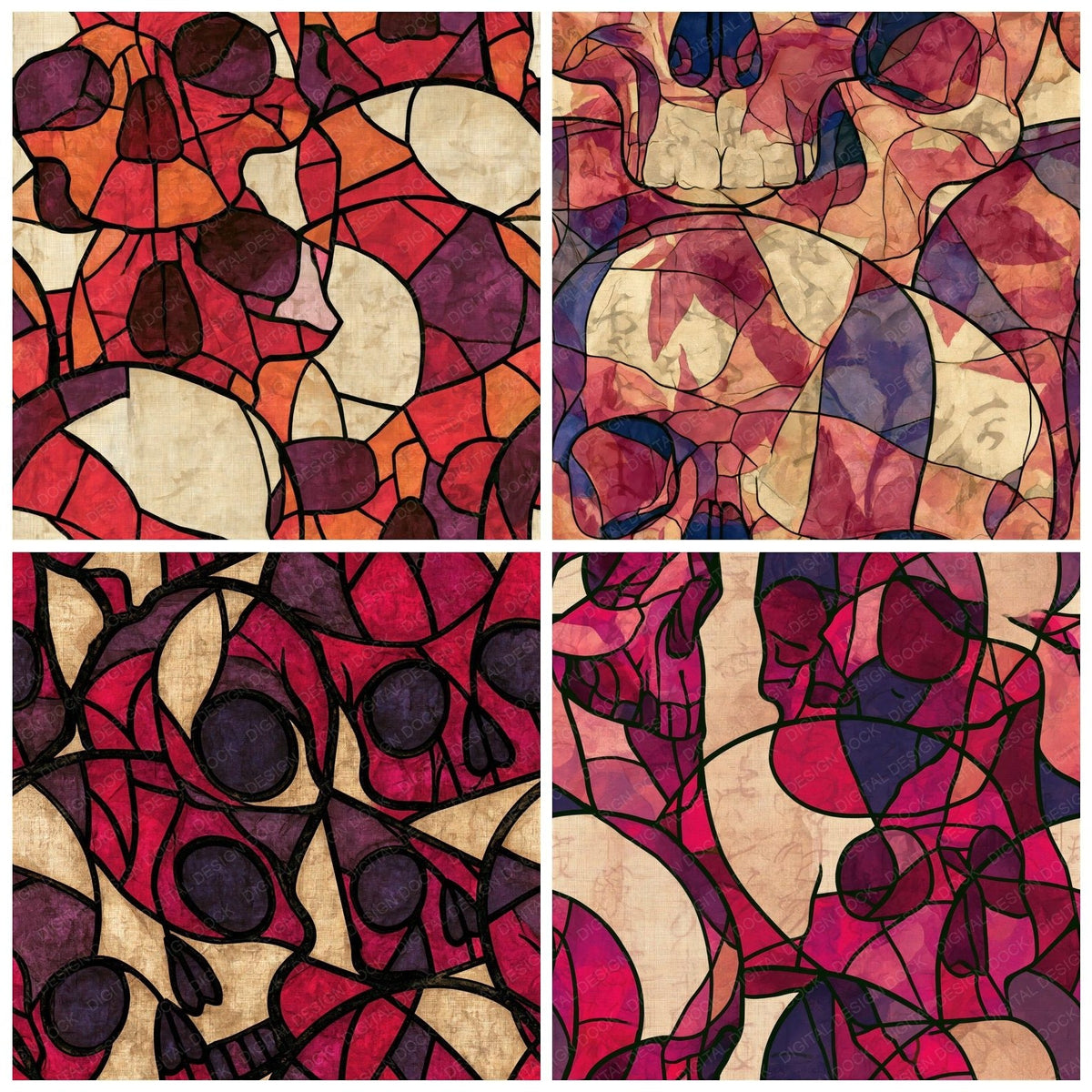 Stained Glass Skulls Cherry Mulberry Seamless Digital Paper Pack (DDD018580)
