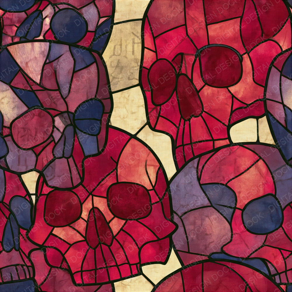 Stained Glass Skulls Cherry Mulberry Seamless Digital Paper Pack (DDD018580)