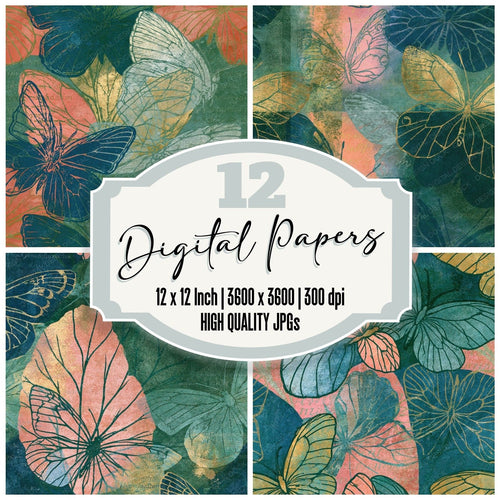 Vintage Fairytale Butterfly Outlines Green Blush Seamless digital paper pack cover showing four of the 12 papers