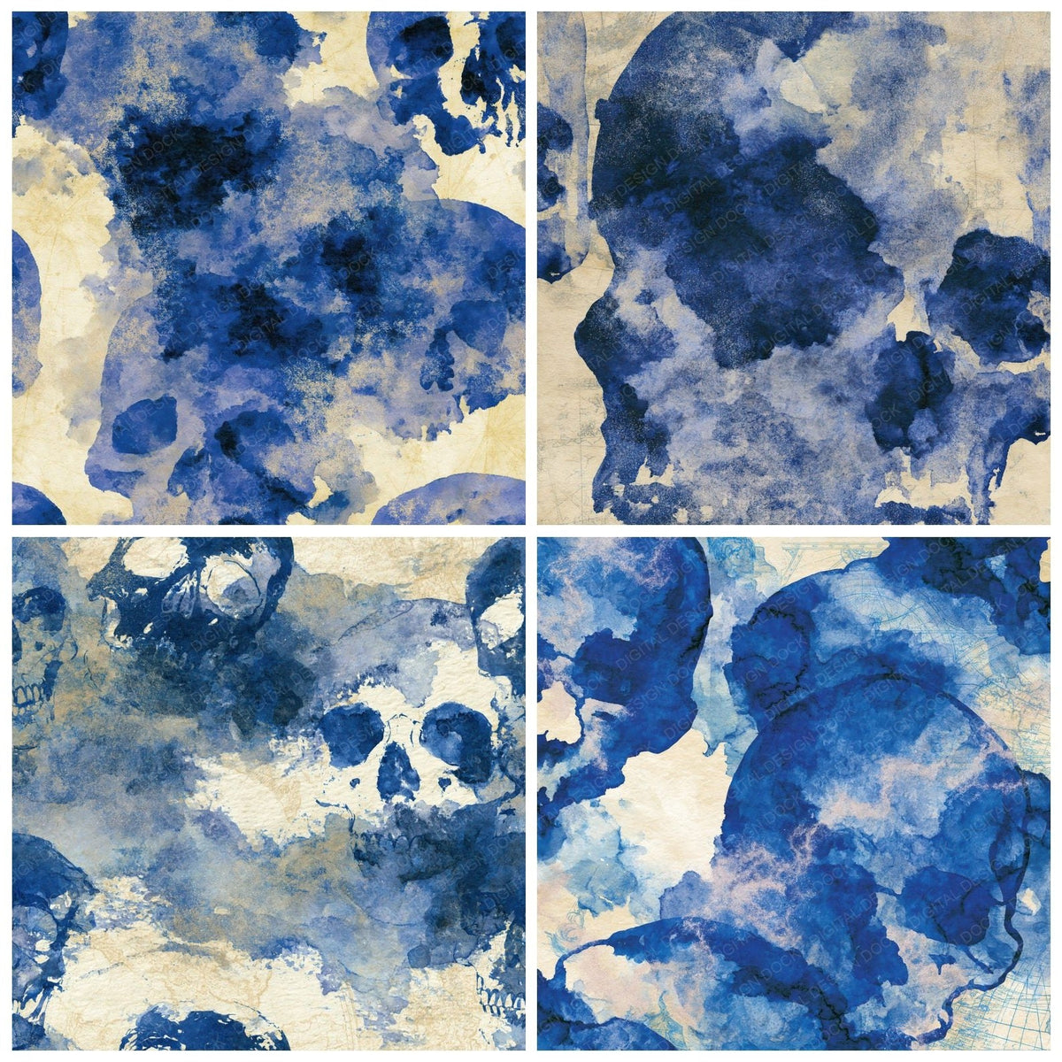 Watercolour Skull Indigo Ivory Abstract Digital Paper Pack (DDD018584)