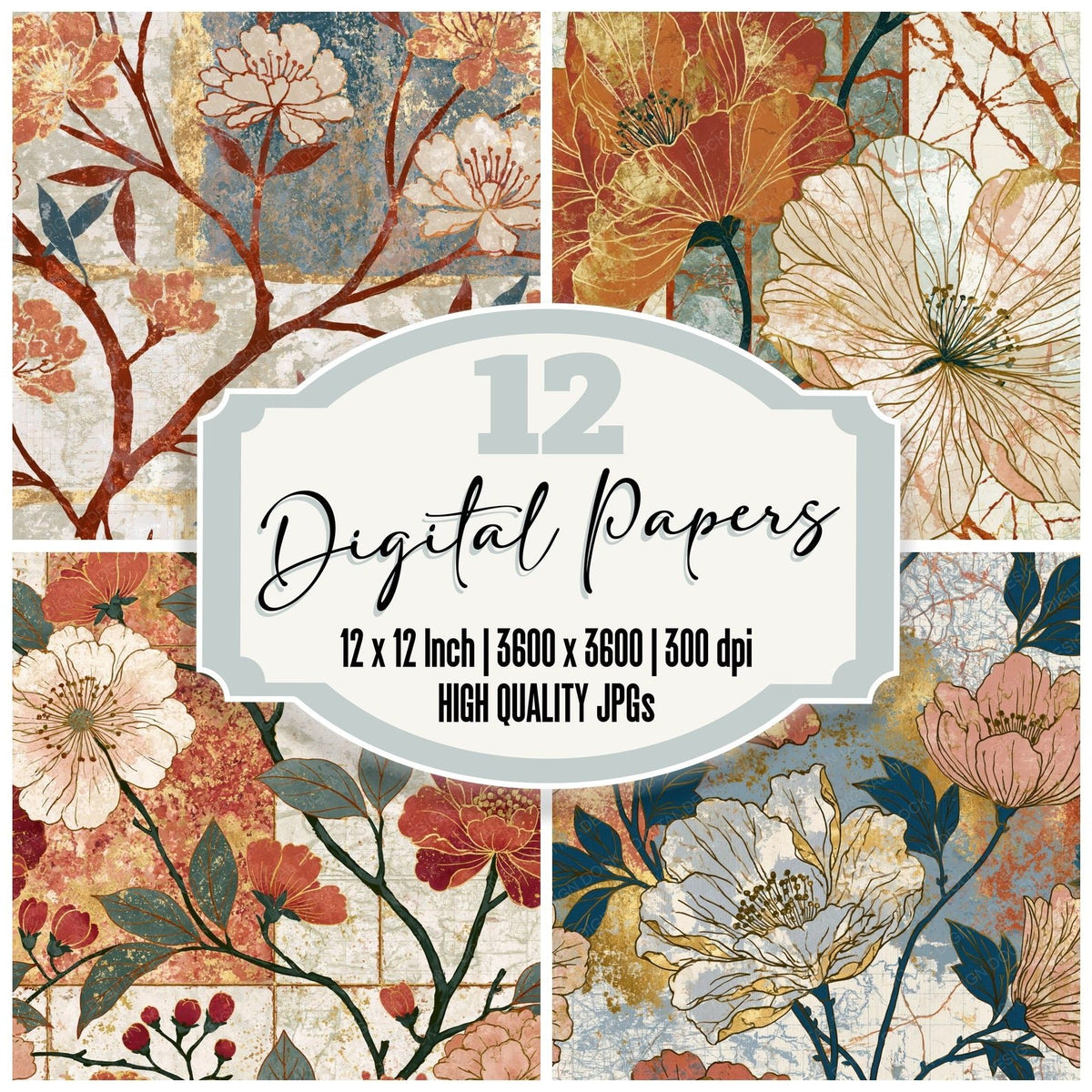Chinoiserie Flower Outlines Terracotta Bone Digital Paper Pack (DDD018587)