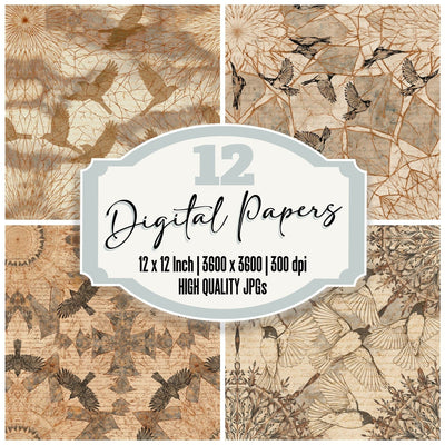 Mandala Bird Outlines Sepia Bronze Seamless digital paper pack cover showing four of the 12 papers