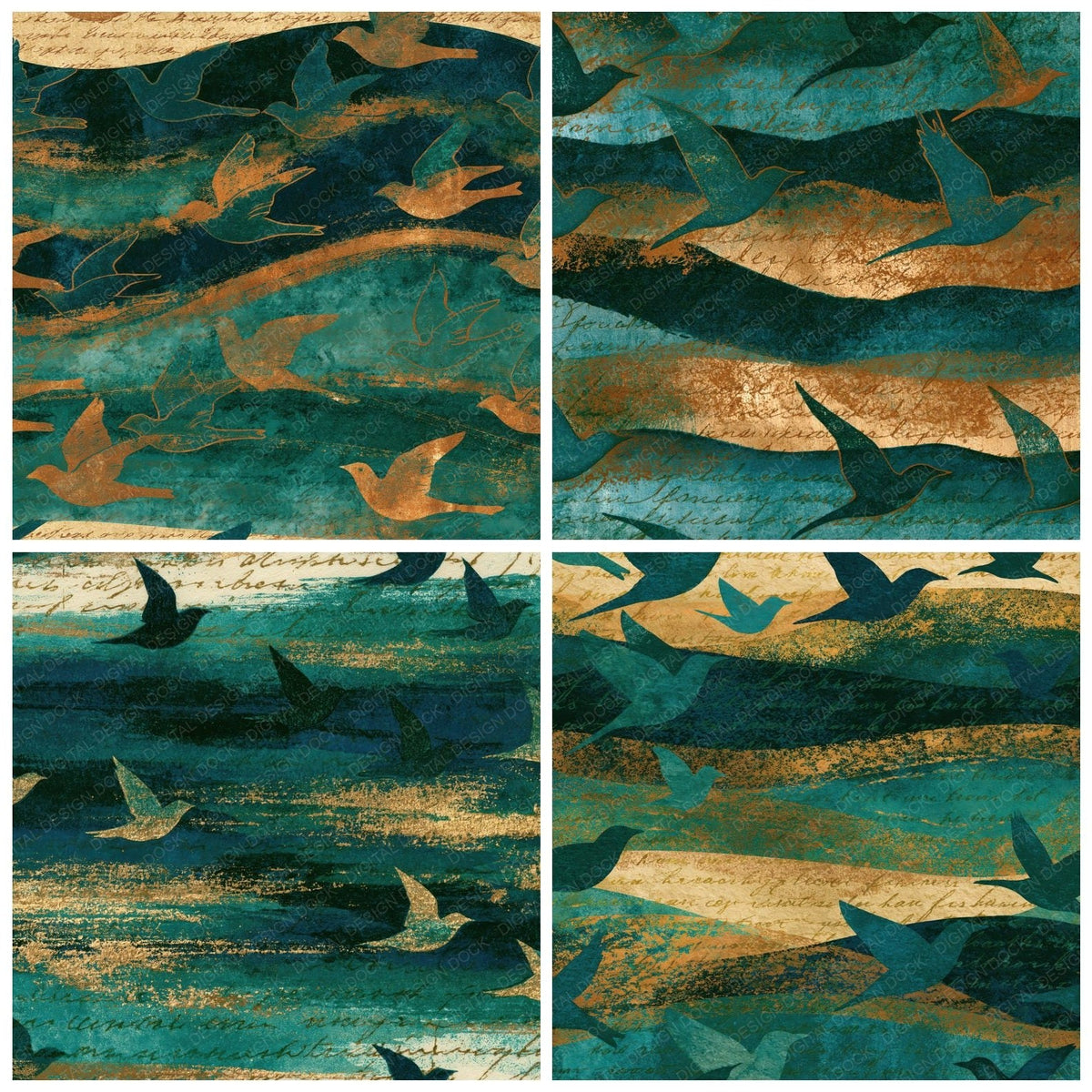 Mezzotint Bird Outlines Emerald Parchment Digital Paper Pack (DDD018592)