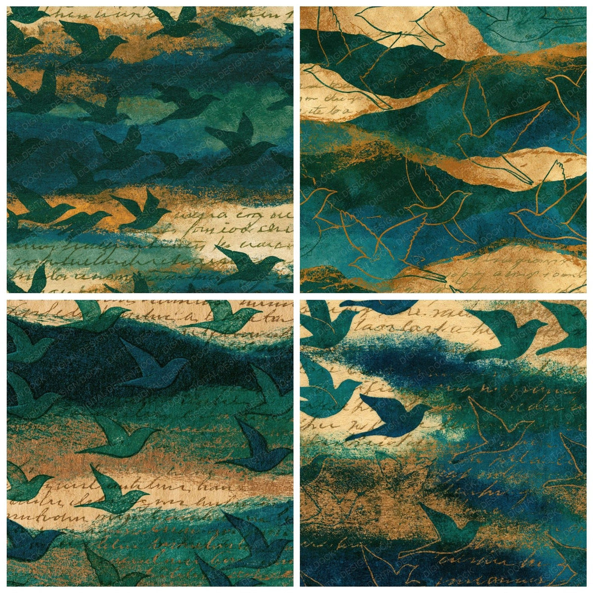 Mezzotint Bird Outlines Emerald Parchment Digital Paper Pack (DDD018592)