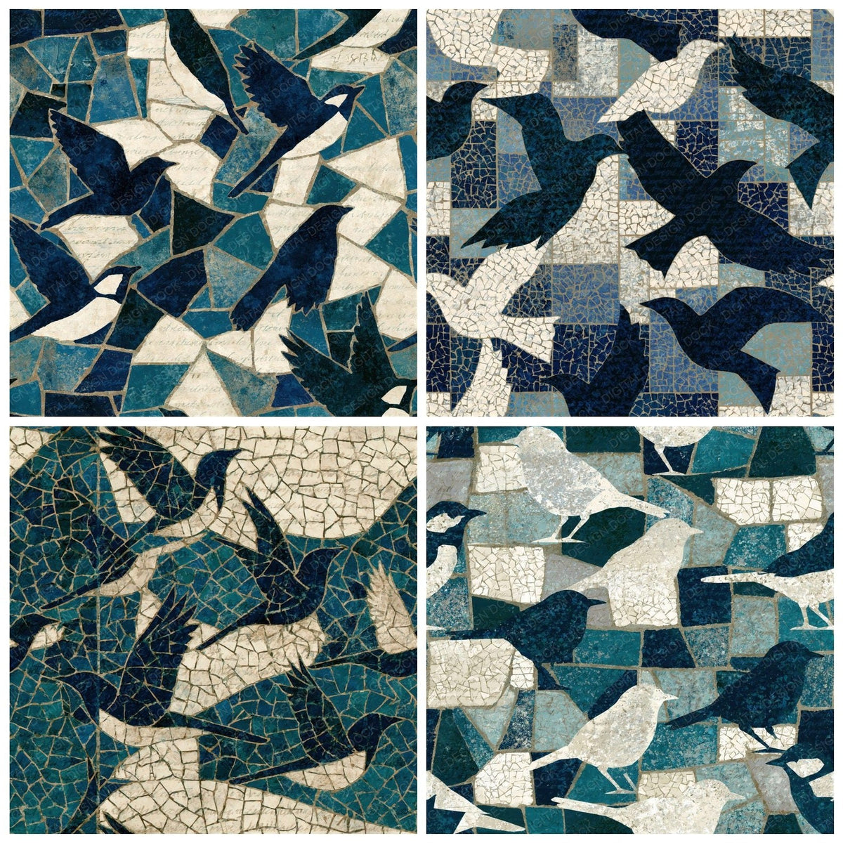 Mosaic Bird Outlines Navy Teal Seamless Digital Paper Pack (DDD018593)