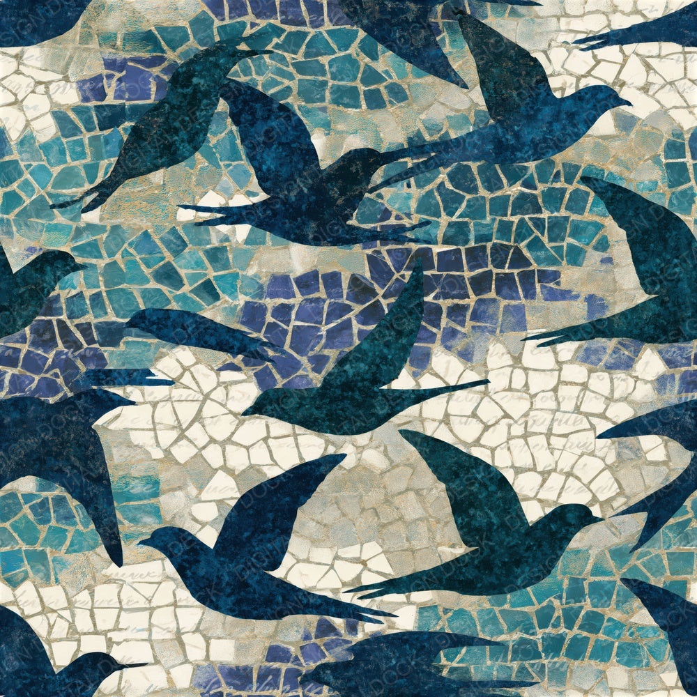 Mosaic Bird Outlines Navy Teal Seamless Digital Paper Pack (DDD018593)
