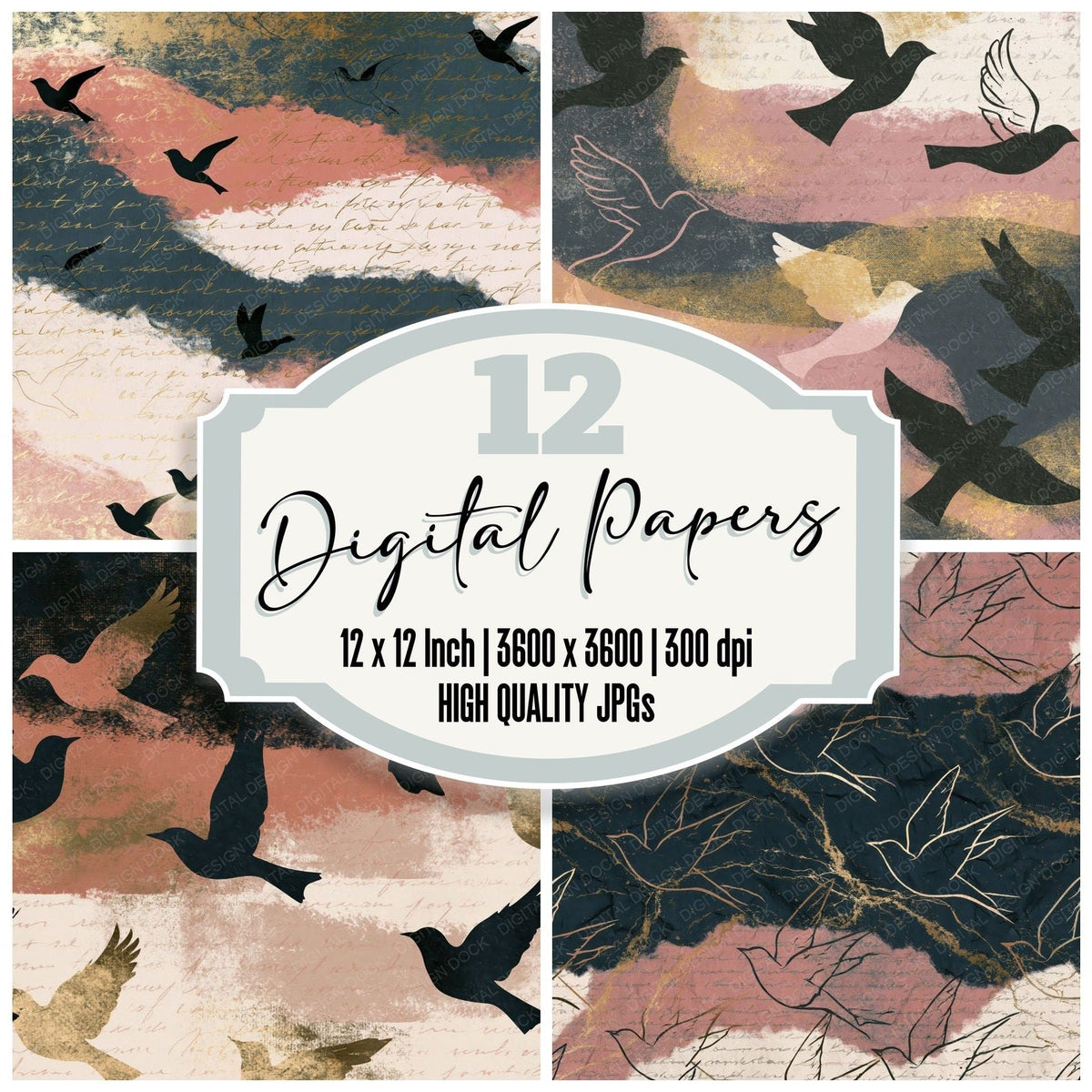 Papercut Bird Outlines Charcoal Rose Digital Paper Pack (DDD018595)
