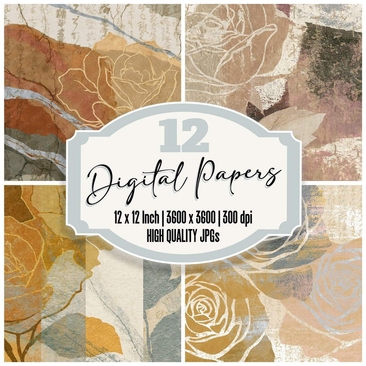 Mezzotint Rose Outlines Wheat Parchment Digital Paper Pack (DDD018610)