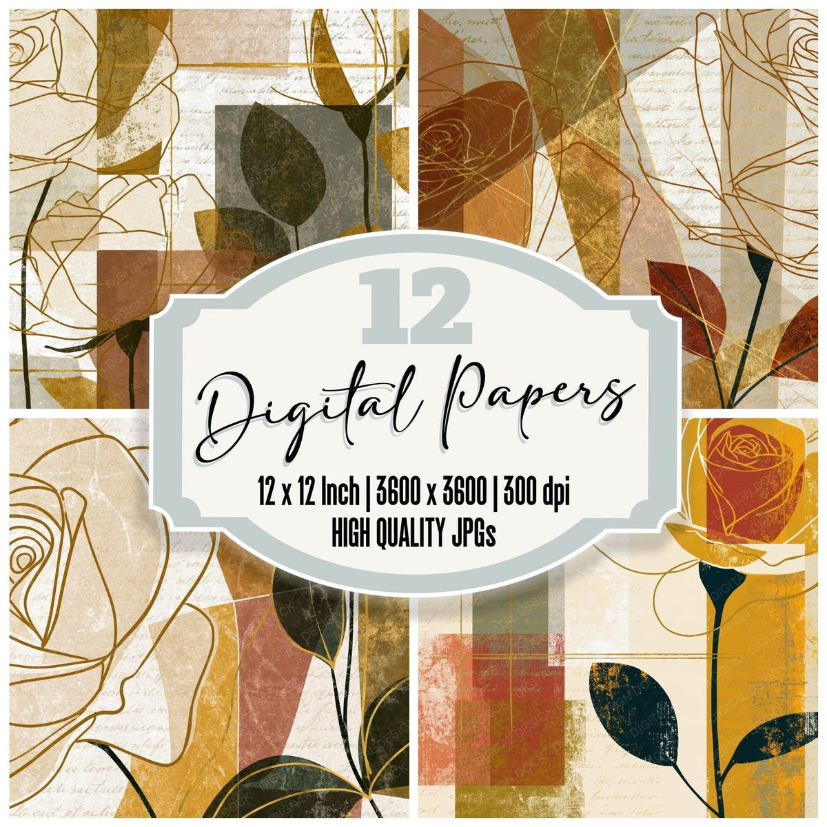 Mid Century Rose Outlines Cream Digital Paper Pack (DDD018612)