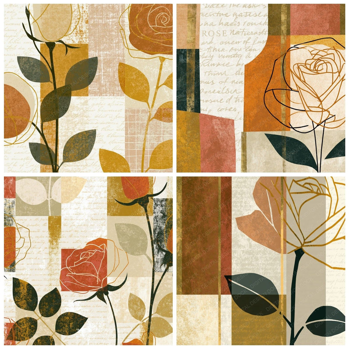 Mid Century Rose Outlines Cream Digital Paper Pack (DDD018612)