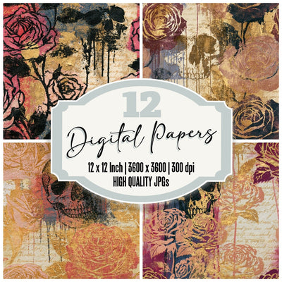 Graffiti Roses Skulls Sepia Seamless digital paper pack cover showing four of the 12 papers