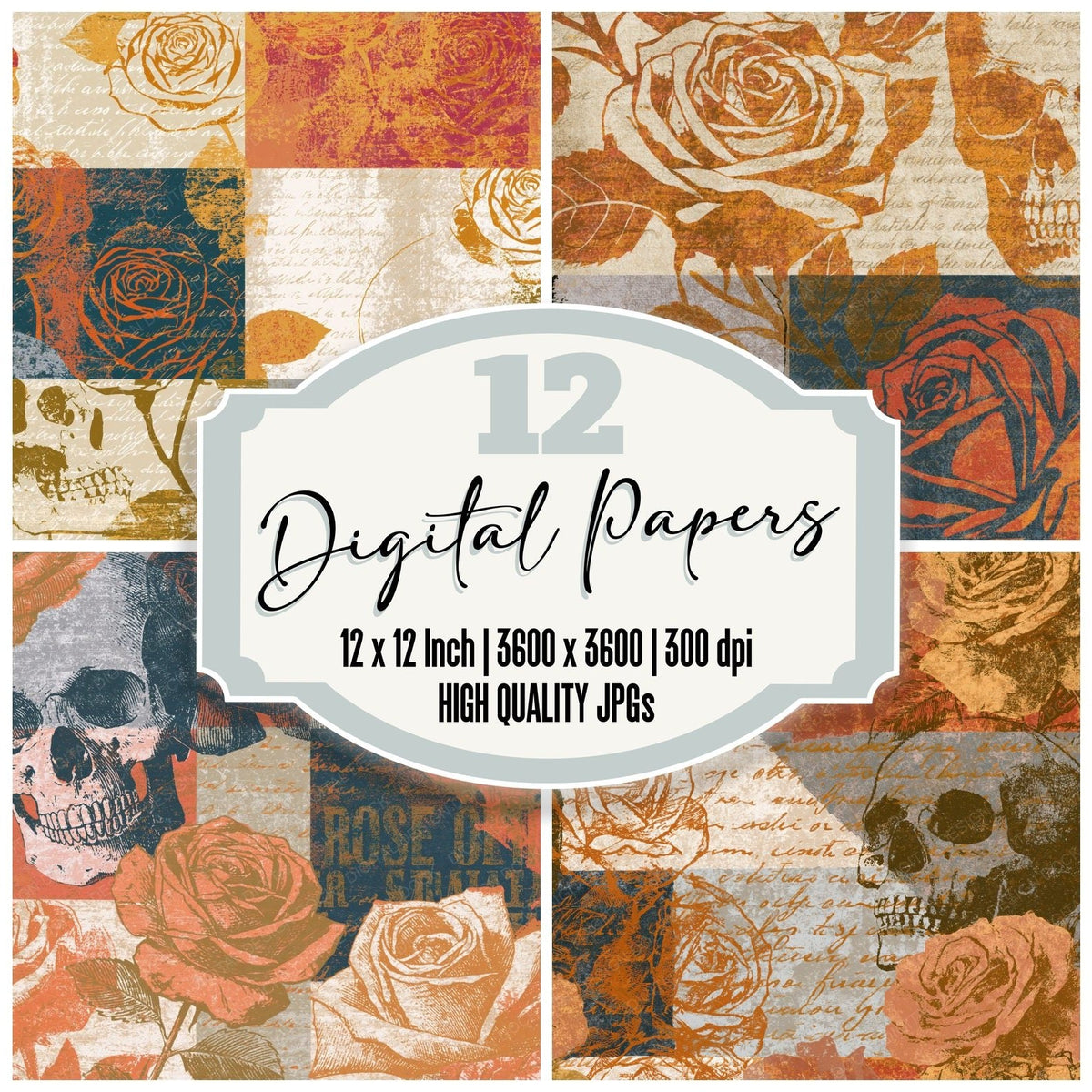 Vintage Poster Roses Skulls Oat Digital Paper Pack (DDD018641)