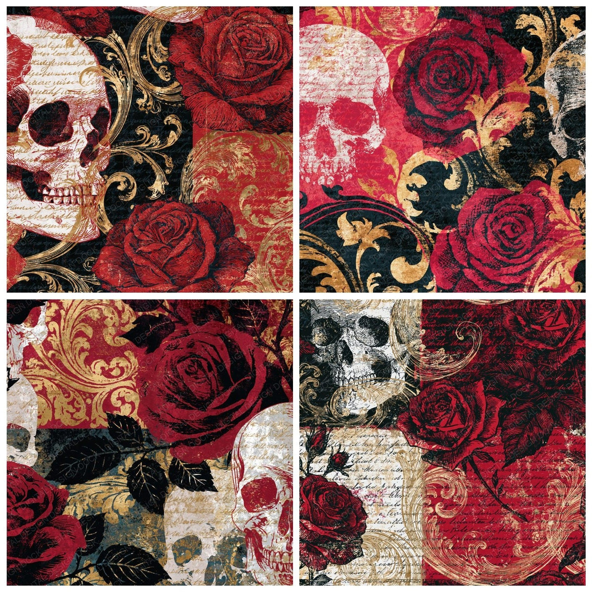 Baroque Roses Skulls Crimson White Digital Paper Pack (DDD018650)