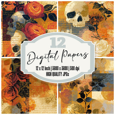 Pixel Roses Skulls Amber Bone Seamless digital paper pack cover showing four of the 12 papers