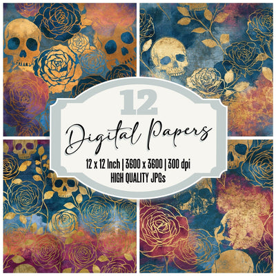 Storybook Roses Skulls Jet Dried Rose Seamless digital paper pack cover showing four of the 12 papers
