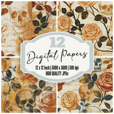 Tapestry Roses Skulls Cream Seamless digital paper pack cover showing four of the 12 papers
