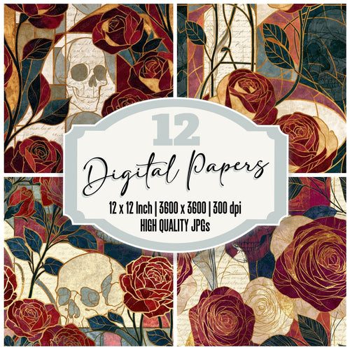 Art Nouveau Roses Skulls Oxblood Seamless digital paper pack cover showing four of the 12 papers
