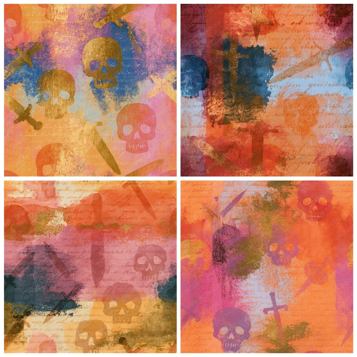 Papercut Skull Dagger Apricot Rose Seamless Digital Paper Pack (DDD018677)