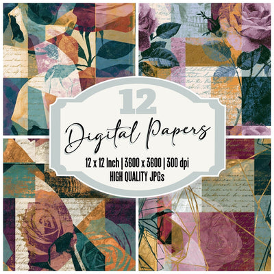 Precisionist Roses Skulls Lilac Seamless digital paper pack cover showing four of the 12 papers