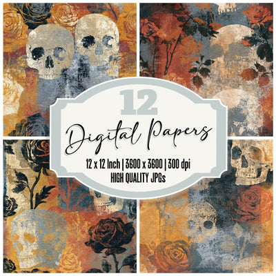 Solarised Roses Skulls Bone Seamless digital paper pack cover showing four of the 12 papers