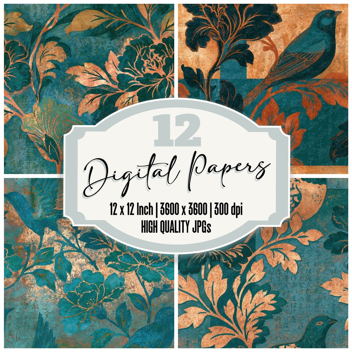 Baroque Bird Flower Jade Aqua Seamless Digital Paper Pack (DDD018686)