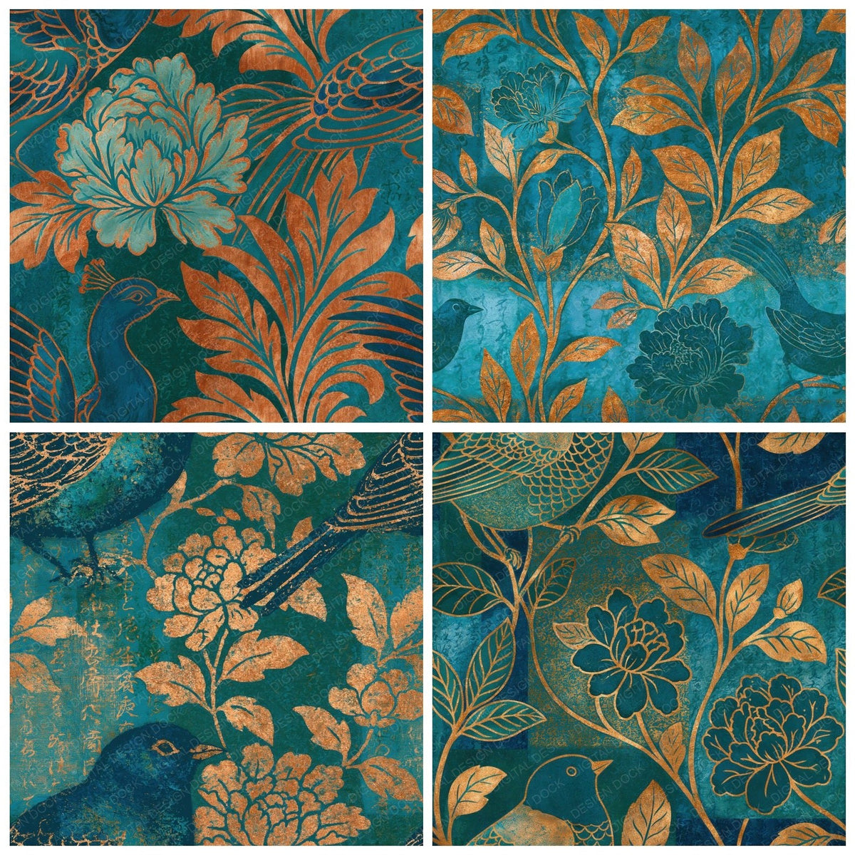 Baroque Bird Flower Jade Aqua Seamless Digital Paper Pack (DDD018686)