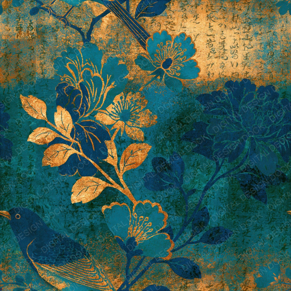 Baroque Bird Flower Jade Aqua Seamless Digital Paper Pack (DDD018686)