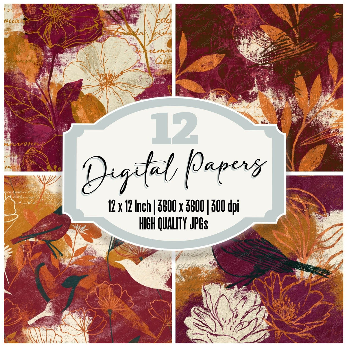 Oil Pastel Bird Flower Burgundy Oat Seamless Digital Paper Pack (DDD018701)