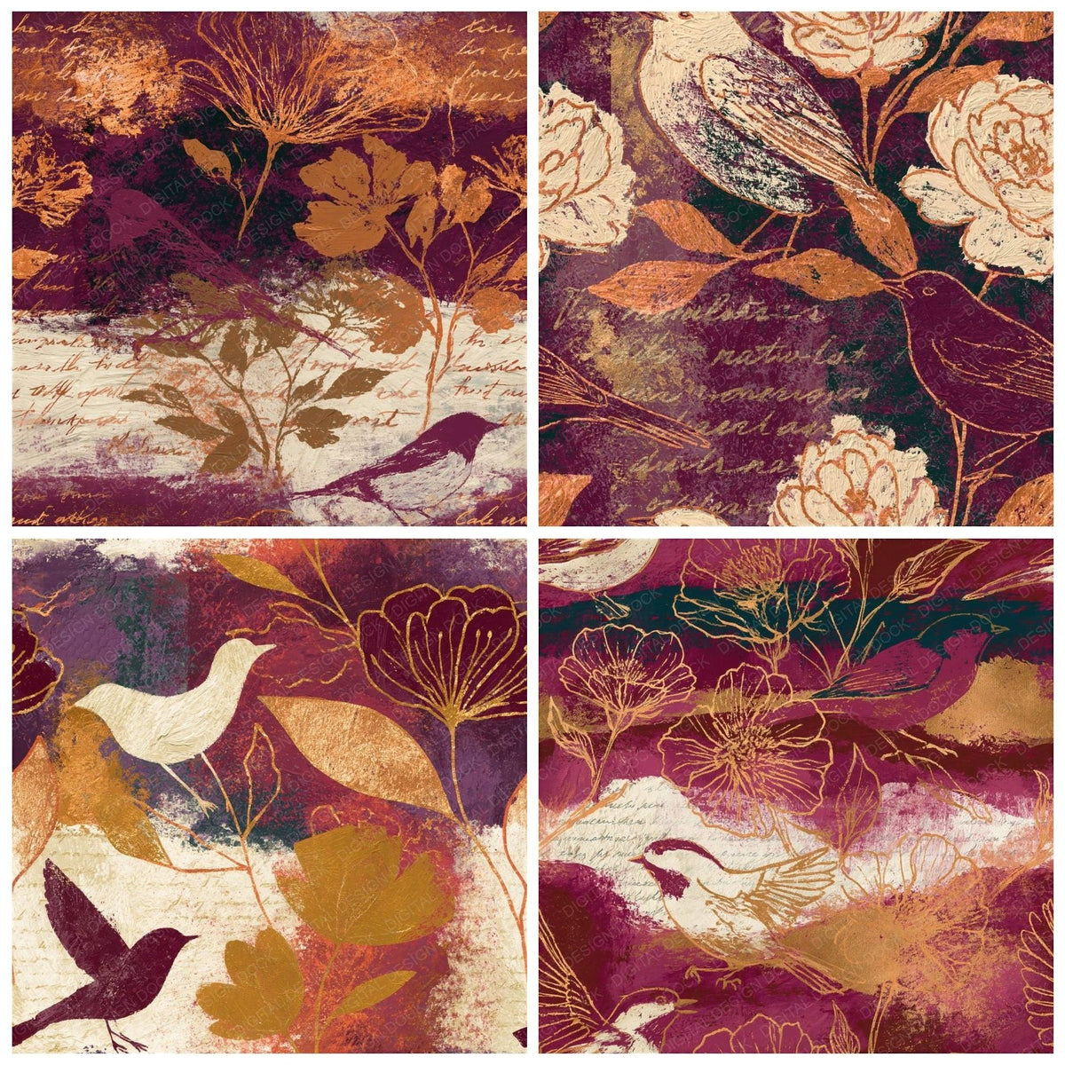 Oil Pastel Bird Flower Burgundy Oat Seamless Digital Paper Pack (DDD018701)