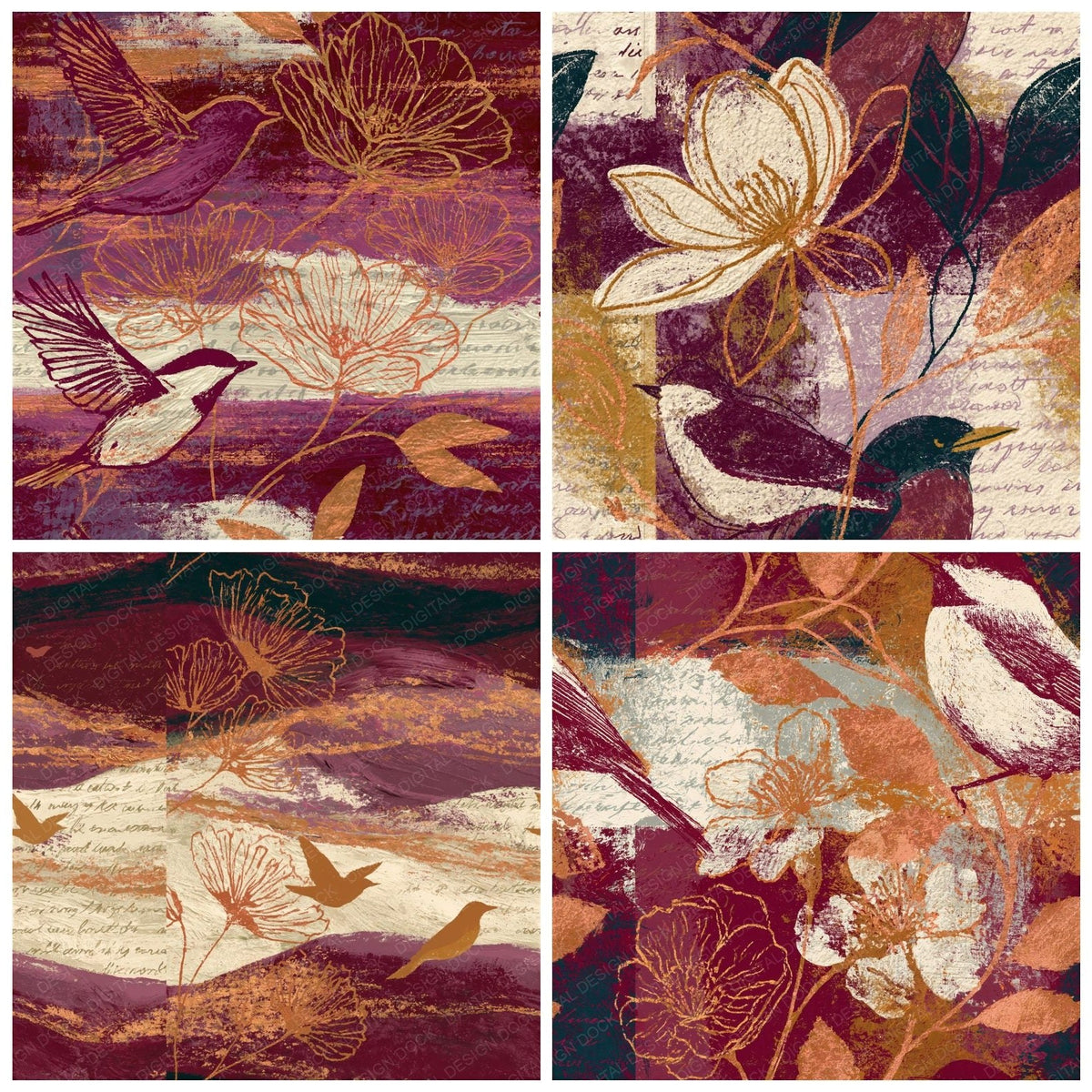 Oil Pastel Bird Flower Burgundy Oat Seamless Digital Paper Pack (DDD018701)
