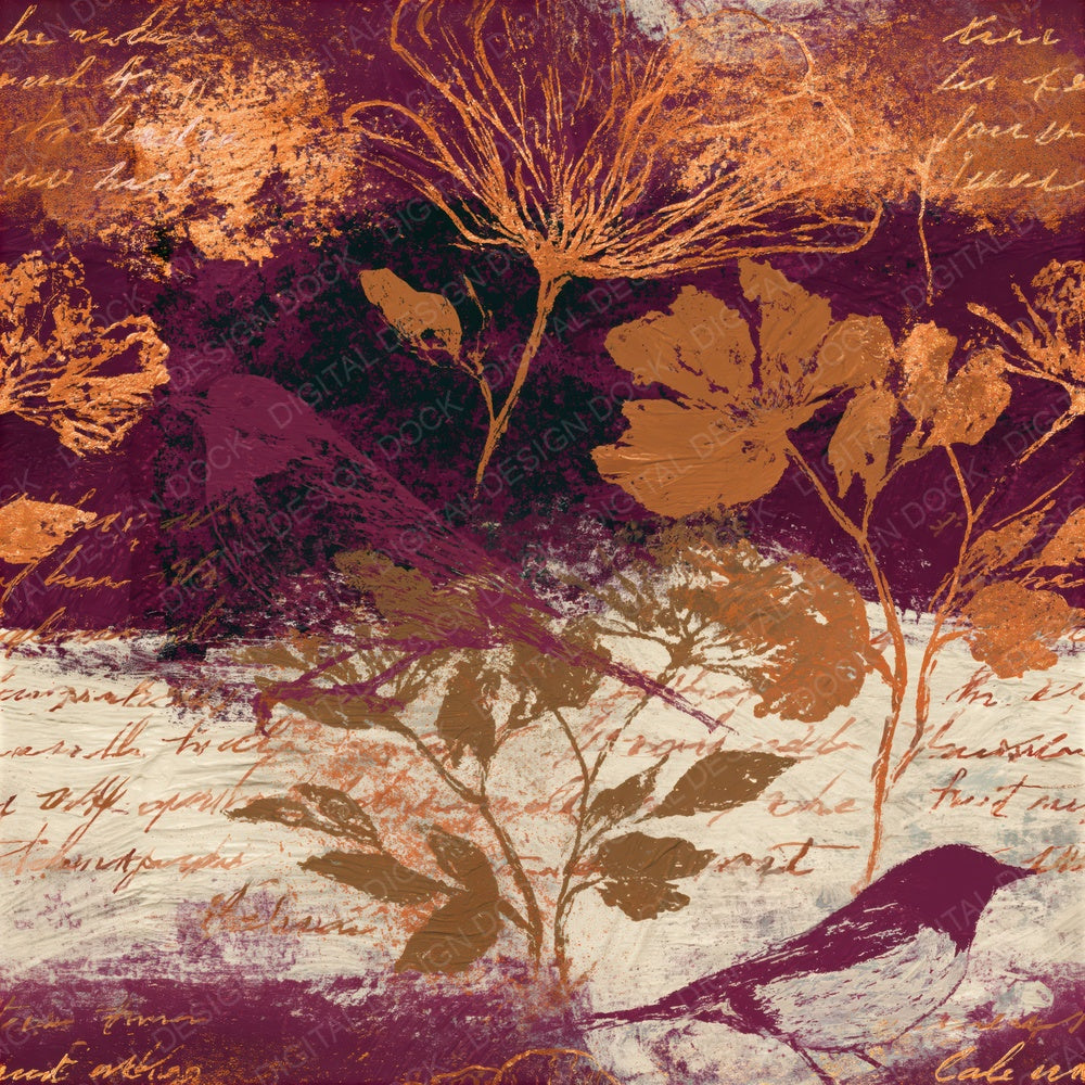 Oil Pastel Bird Flower Burgundy Oat Seamless Digital Paper Pack (DDD018701)