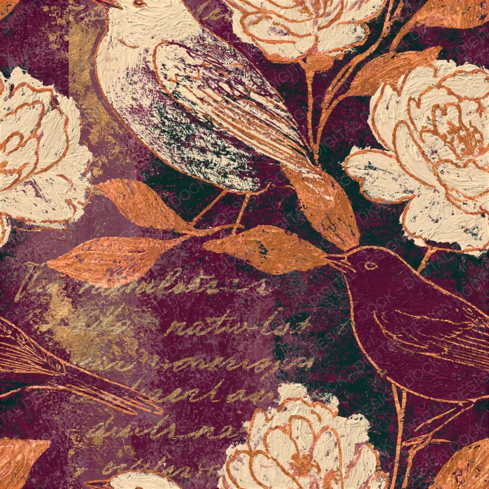 Oil Pastel Bird Flower Burgundy Oat Seamless Digital Paper Pack (DDD018701)