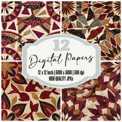 Mandala Fish Outlines Burgundy Oat Seamless digital paper pack cover showing four of the 12 papers