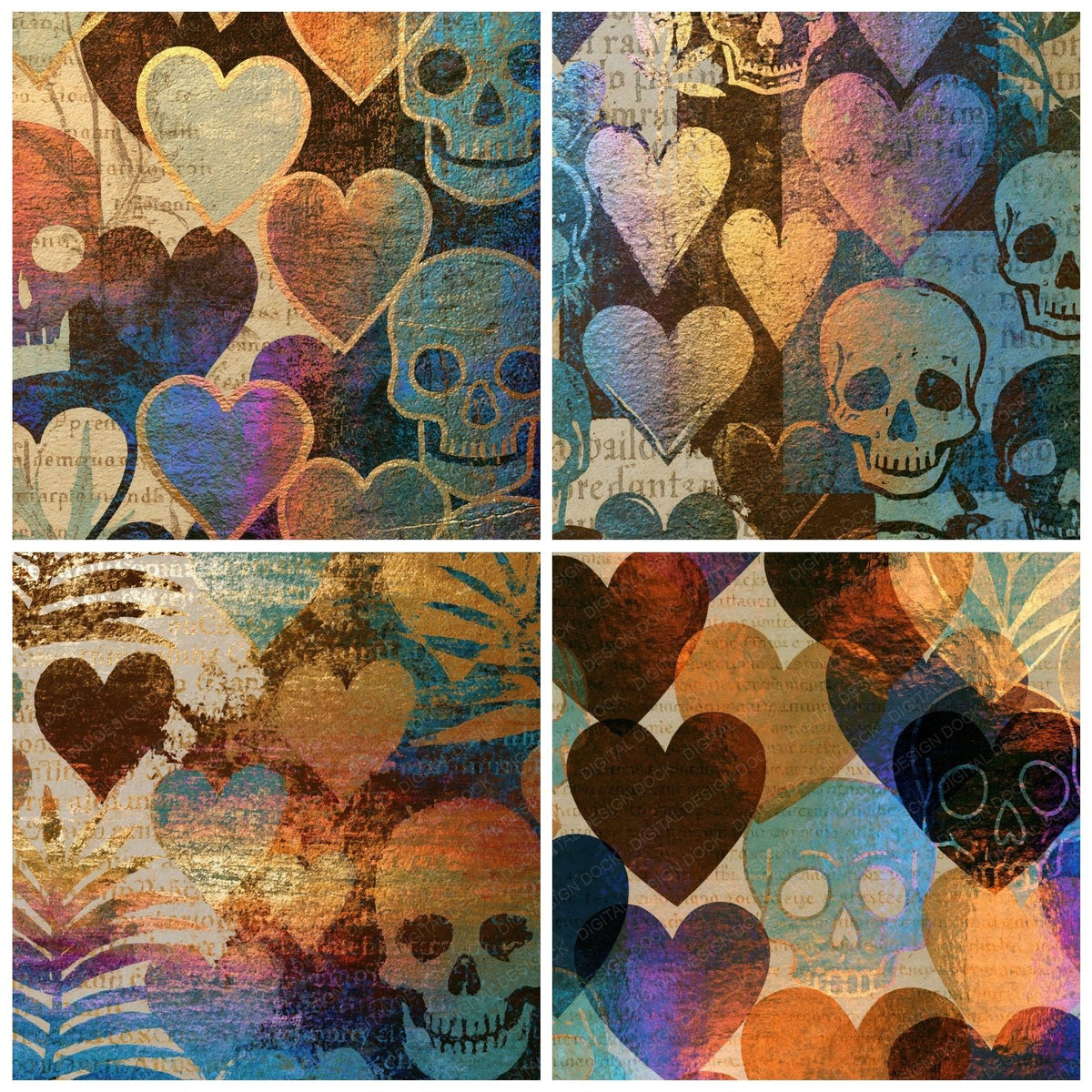 Y2K Chrome Hearts Skulls Mocha Mint Abstract Digital Paper Pack (DDD018724)