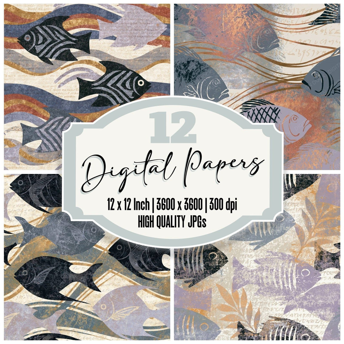 Greek Pottery Fish Silvery Lavender Digital Paper Pack (DDD018735)