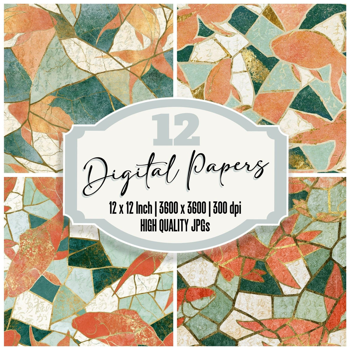 Mosaic Fish Outlines Peach Sage Abstract Digital Paper Pack (DDD018737)