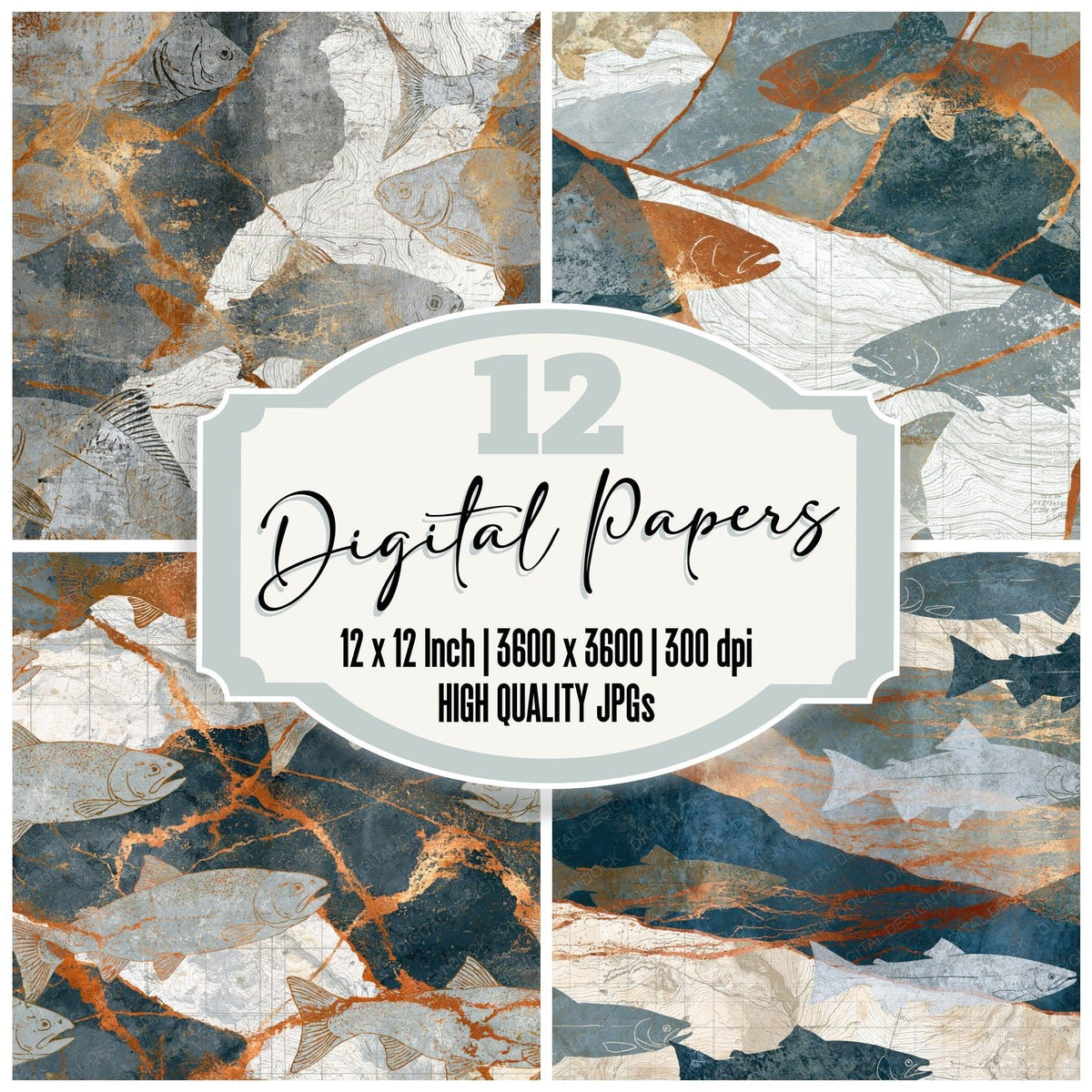 Antique Map Fish Outlines Silver Grey Digital Paper Pack (DDD018745)