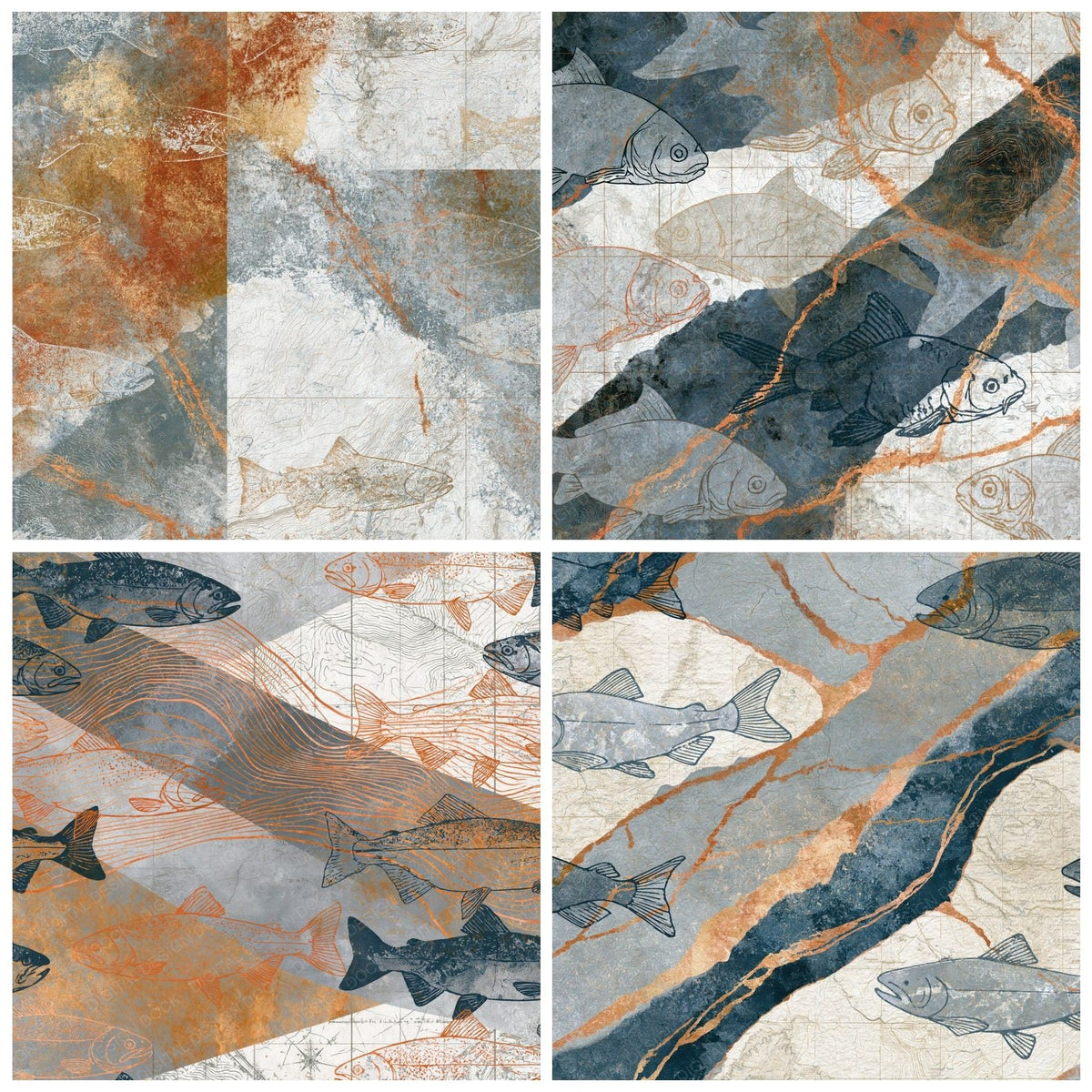 Antique Map Fish Outlines Silver Grey Digital Paper Pack (DDD018745)